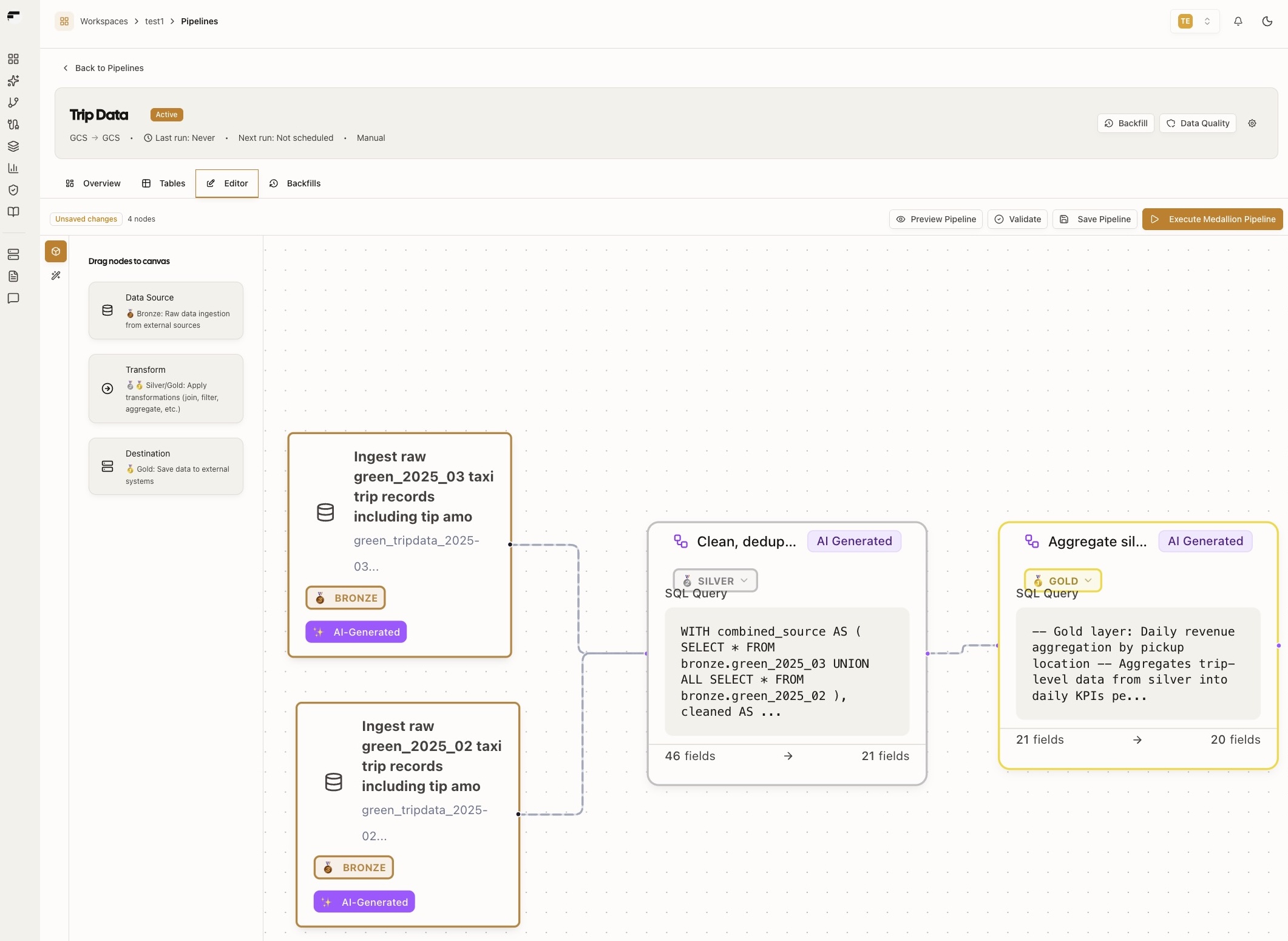 OptimaFlo platform. Pipeline builder and dashboard.